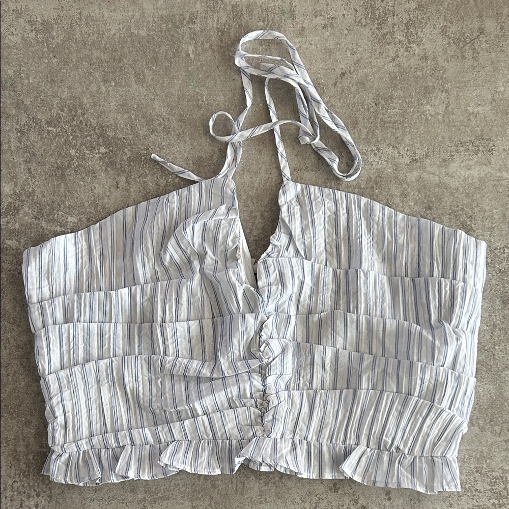 Forever 21 White and Blue Striped Halter Crop Top